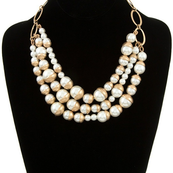 Classic Pearl Link Triple Strand Bib Necklace - Picture 2 of 3